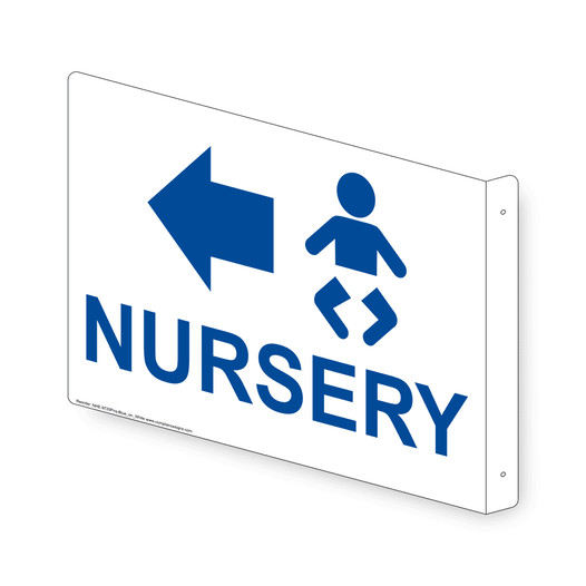 Projection-Mount White NURSERY (With Outward Arrow) Sign With Symbol NHE-9725Proj-Blue_on_White