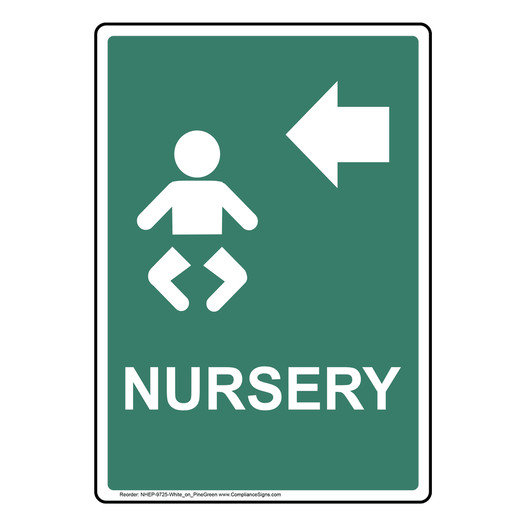 Portrait Pine Green NURSERY Left Sign With Symbol NHEP-9725-White_on_PineGreen