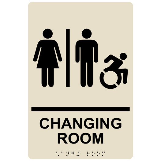 Almond Braille CHANGING ROOM Sign with Dynamic Accessibility Symbol RRE-14775R_Black_on_Almond
