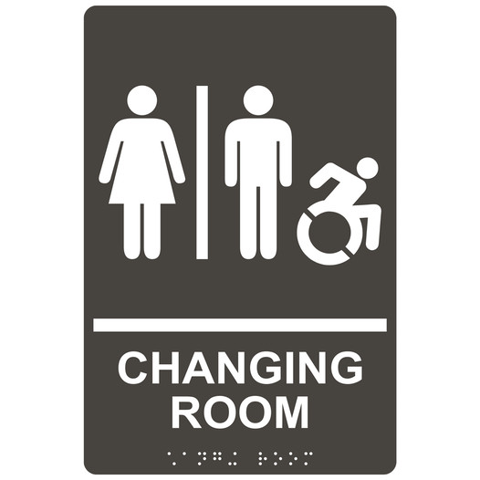 Charcoal Gray Braille CHANGING ROOM Sign with Dynamic Accessibility Symbol RRE-14775R_White_on_CharcoalGray