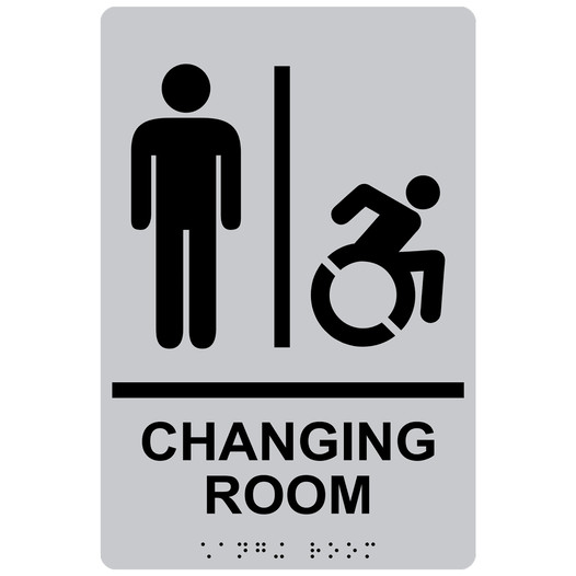 Silver Braille CHANGING ROOM Sign with Dynamic Accessibility Symbol RRE-14779R_Black_on_Silver
