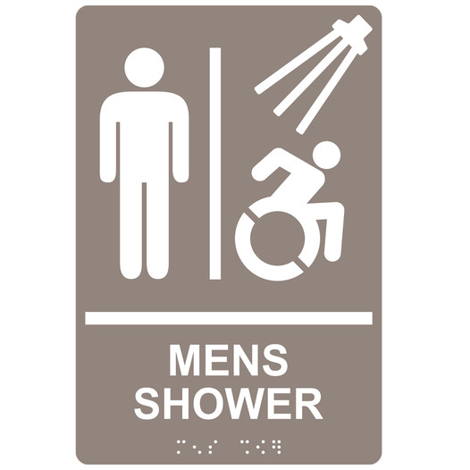 Taupe Braille MENS SHOWER Sign with Dynamic Accessibility Symbol RRE-14809R_White_on_Taupe