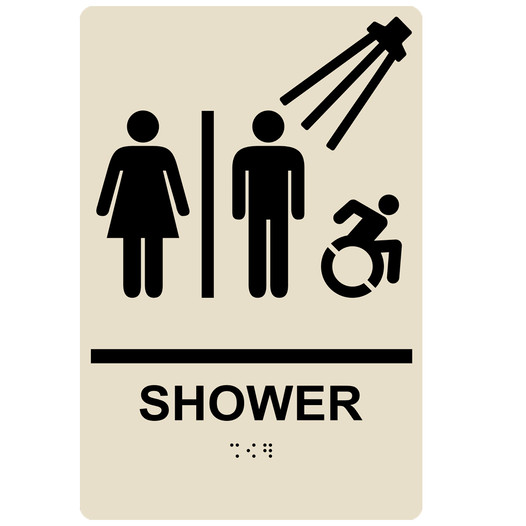 Almond Braille SHOWER Sign with Dynamic Accessibility Symbol RRE-14832R_Black_on_Almond