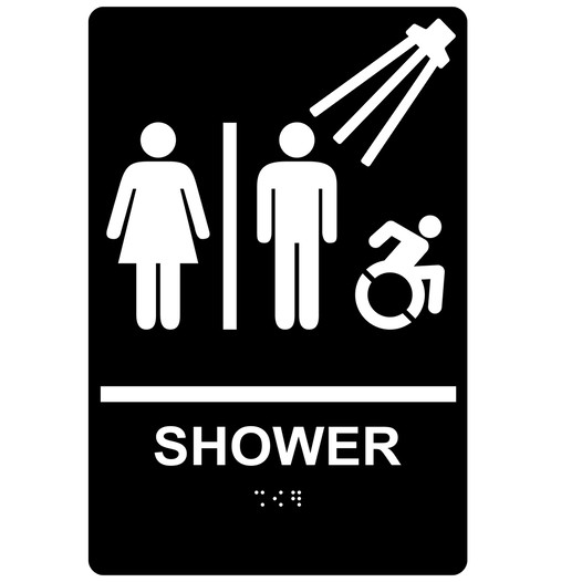 Black Braille SHOWER Sign with Dynamic Accessibility Symbol RRE-14832R_White_on_Black