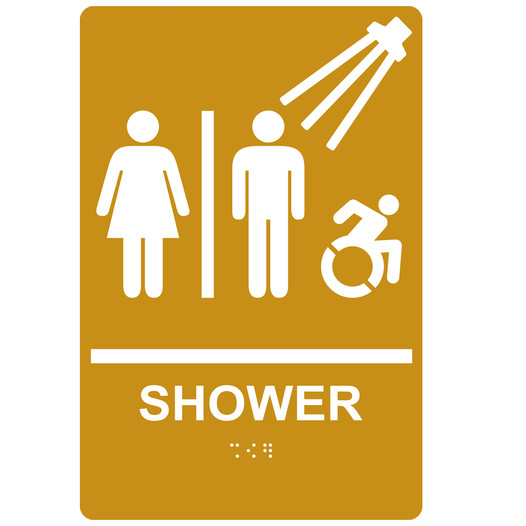 Gold Braille SHOWER Sign with Dynamic Accessibility Symbol RRE-14832R_White_on_Gold