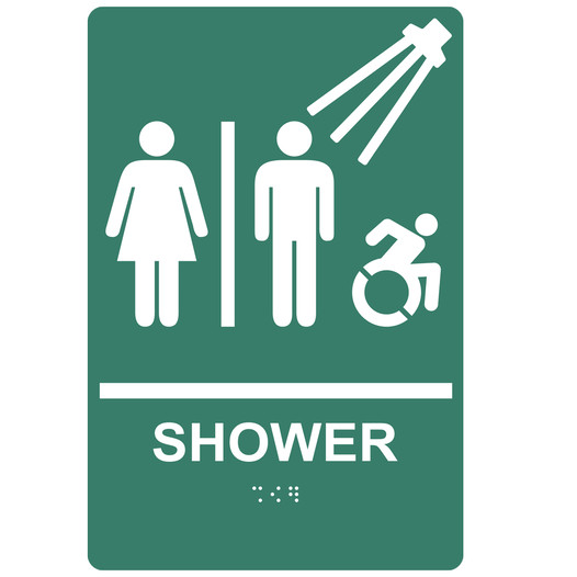 Pine Green Braille SHOWER Sign with Dynamic Accessibility Symbol RRE-14832R_White_on_PineGreen