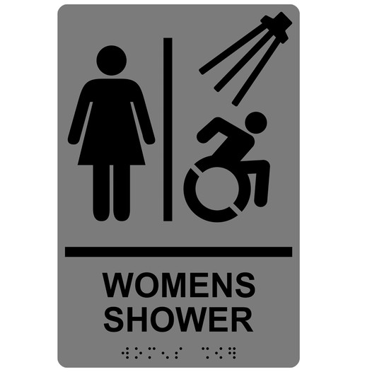 Gray Braille WOMENS SHOWER Sign with Dynamic Accessibility Symbol RRE-14860R_Black_on_Gray