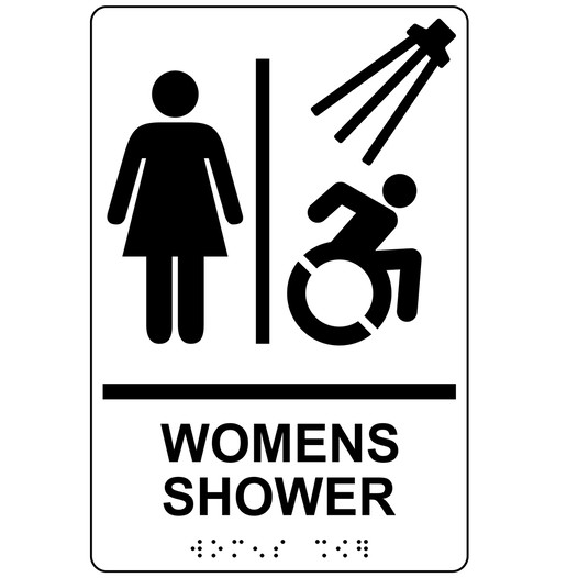 White Braille WOMENS SHOWER Sign with Dynamic Accessibility Symbol RRE-14860R_Black_on_White