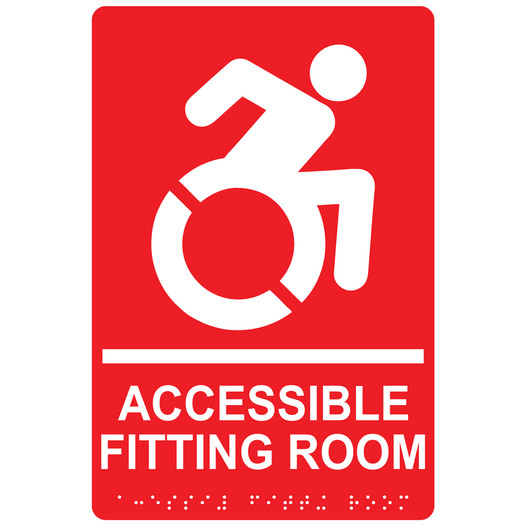 Red Braille ACCESSIBLE FITTING ROOM Sign with Dynamic Accessibility Symbol RRE-19949R_White_on_Red