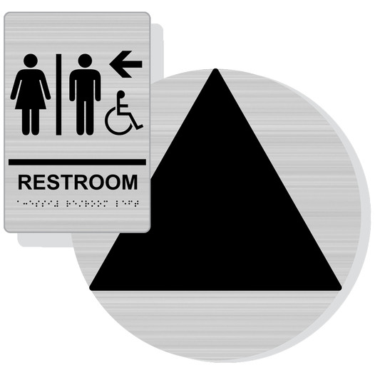 Brushed Silver California Title 24 Accessible Unisex RESTROOM Left Sign Set, 12 in. + 9x6 in. Acrylic