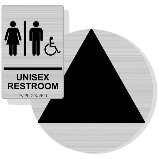Brushed Silver California Title 24 Accessible UNISEX RESTROOM Sign Set, 12 in. + 9x6 in. Acrylic