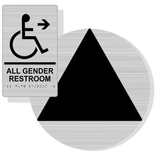 Brushed Silver California Title 24 Accessible ALL GENDER RESTROOM Right Sign Set, 12 in. + 9x6 in. Acrylic