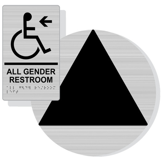 Brushed Silver California Title 24 Accessible ALL GENDER RESTROOM Left Sign Set, 12 in. + 9x6 in. Acrylic