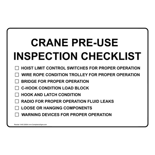 Crane Pre-Use Inspection Checklist Hoist Limit Sign NHE-28304