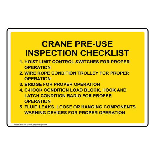 Crane Pre-Use Inspection Checklist Hoist Limit Sign NHE-29733