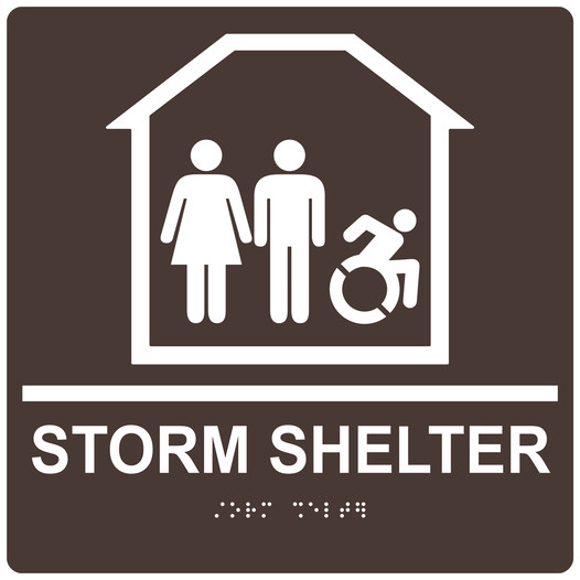 Square Dark Brown Braille STORM SHELTER Sign with Dynamic Accessibility Symbol - RRE-14837R-99_White_on_DarkBrown