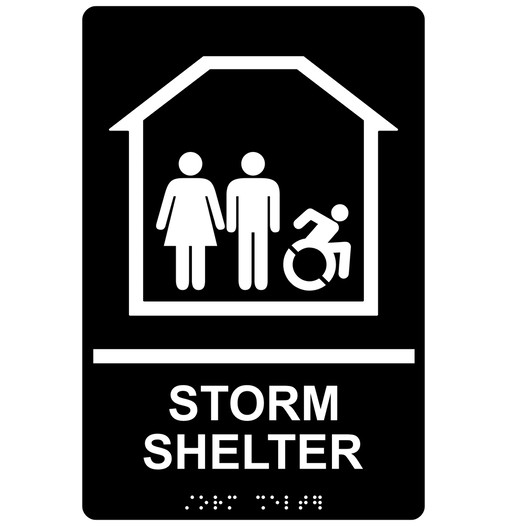 Black Braille STORM SHELTER Sign with Dynamic Accessibility Symbol RRE-14837R_White_on_Black