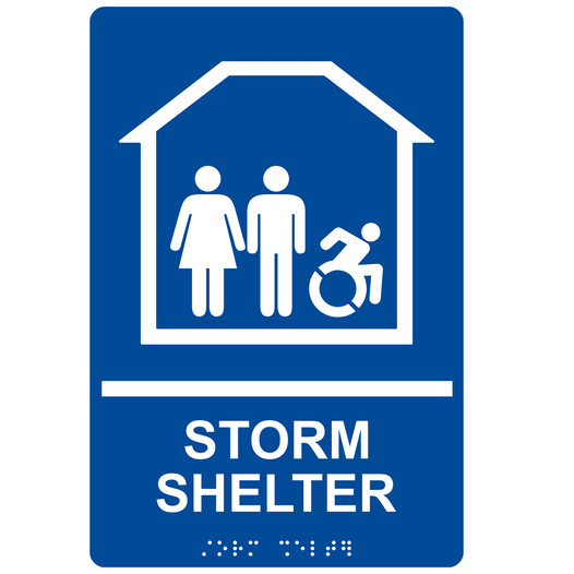 Blue Braille STORM SHELTER Sign with Dynamic Accessibility Symbol RRE-14837R_White_on_Blue