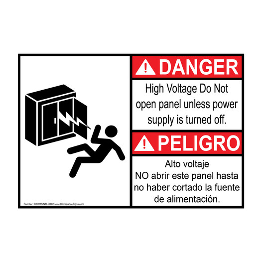 English + Spanish ANSI DANGER High Voltage Do Not open panel Sign With Symbol - SIERRAINTL-0002