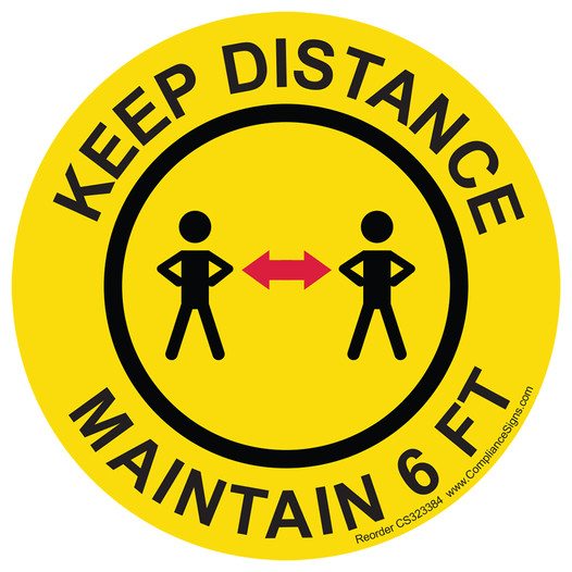 Yellow Keep Distance Maintain 6 Ft Label CS323384