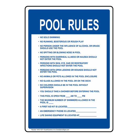 South Carolina Pool Rules Sign NHE-15311-SouthCarolina