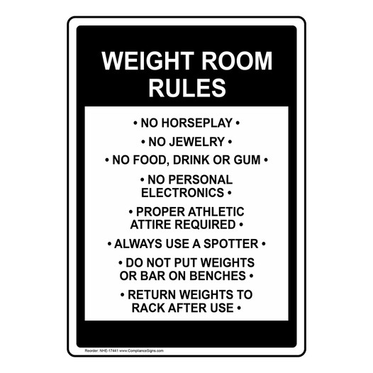 Weight Room Rules Sign for Gym / Fitness Center NHE-17441