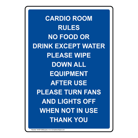 Portrait Cardio Room Rules No Food Or Drink Sign NHEP-35626_BLU