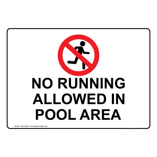 No Running Allowed In Pool Area Sign With Symbol NHE-34646