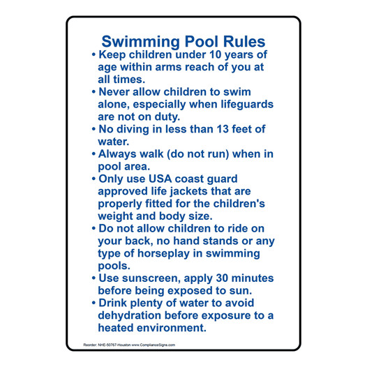 Houston Swimming Pool Rules Sign NHE-50767-Houston