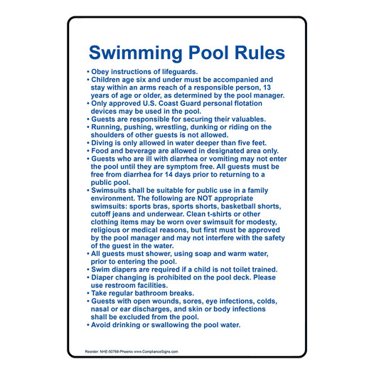 Arizona - Phoenix Swimming Pool Rules Sign NHE-50768-Phoenix