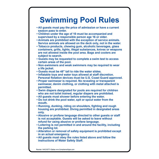 Dallas Swimming Pool Rules Sign NHE-50771-Dallas