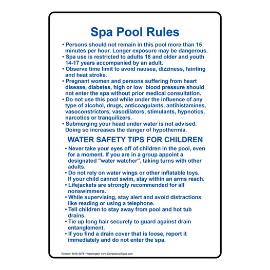 Washington DC Spa Pool Rules Sign NHE-50781-Washington