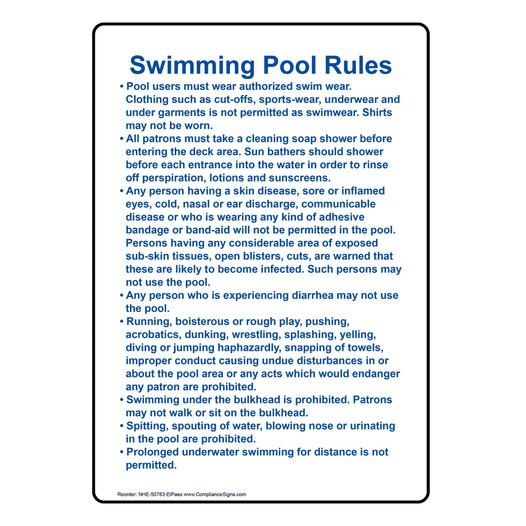 El Paso Swimming Pool Rules Sign NHE-50783-ElPaso