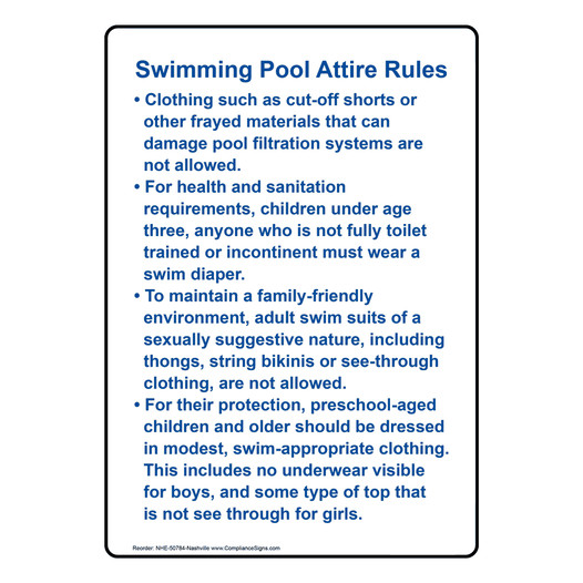 Nashville Swimming Pool Attire Rules Sign NHE-50784-Nashville