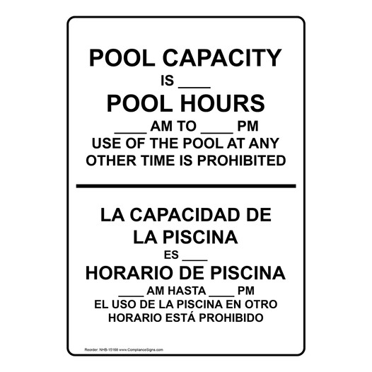 Pool Capacity Hours Other Time Is Prohibited Sign NHB-15168 Recreation