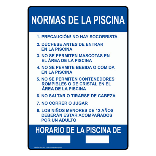 Pool Rules Spanish Sign NHS-9433 Swimming Pool / Spa