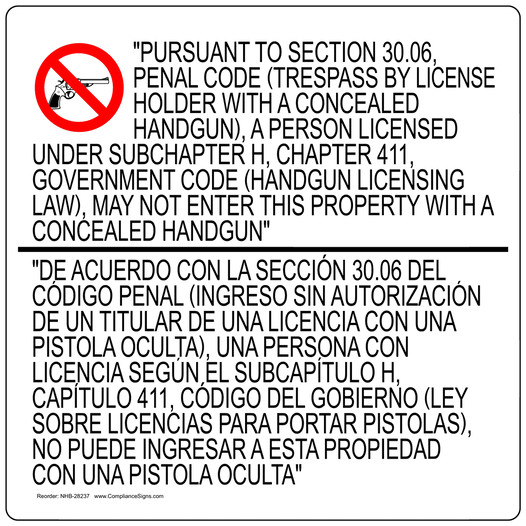 Texas 30.06 Concealed Carry Bilingual Sign NHB-28237