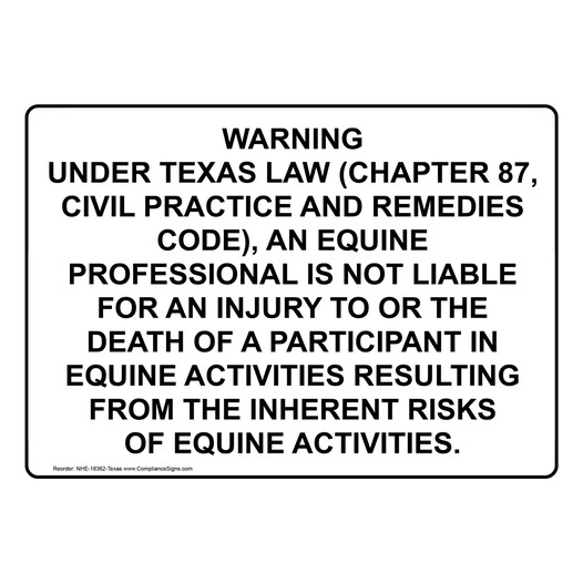 Texas Equine Professional Is Not Liable Sign NHE-18362-Texas