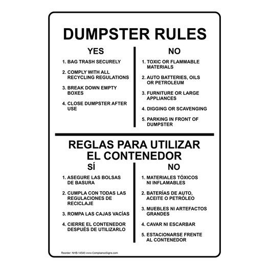 Dumpster Rules Bilingual Sign NHB-14545