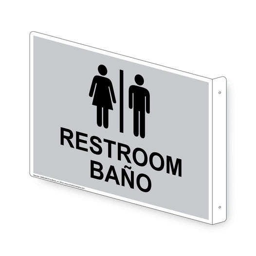 Projection-Mount Unisex Silver RESTROOM - BAÑO Sign With Symbol RRB-6991Proj-Black_on_Silver