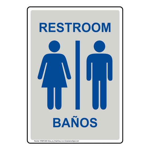 Portrait Pearl Gray RESTROOMS  - BANOS Sign With Symbol