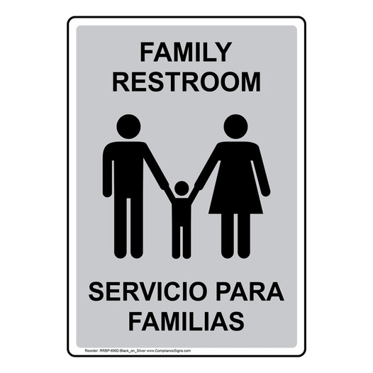 Portrait Silver FAMILY RESTROOM - SERVICIO PARA FAMILIAS Sign With Symbol RRBP-6992-Black_on_Silver