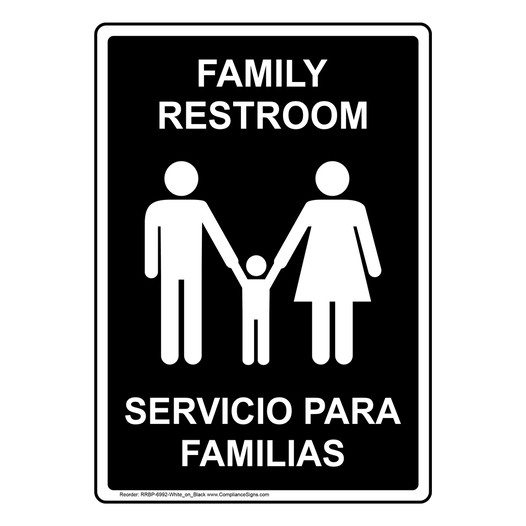 Black Family Restroom Bilingual Sign With Symbol RRBP-6992-White_on_Black