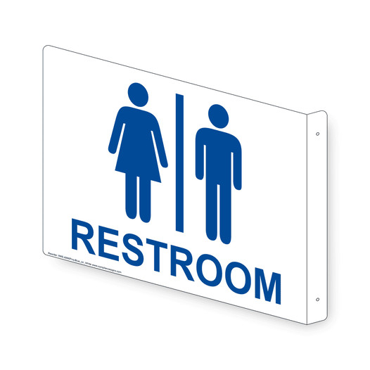 Projection-Mount White RESTROOM Sign With Symbol RRE-6990Proj-Blue_on_White