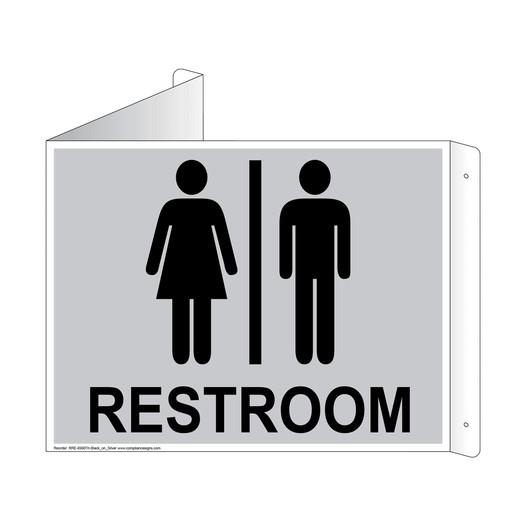 Silver Triangle-Mount Unisex RESTROOM Sign With Symbol RRE-6990Tri-Black_on_Silver