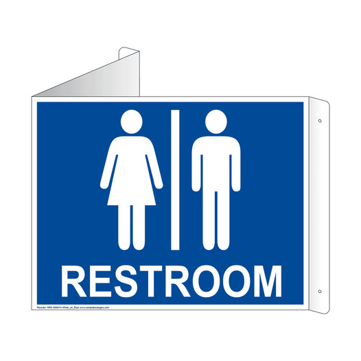 Blue Triangle-Mount Unisex RESTROOM Sign With Symbol RRE-6990Tri-White_on_Blue