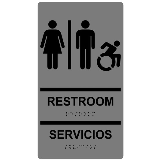Gray Braille RESTROOM/SERVICIOS Sign with Dynamic Accessibility Symbol RRB-120R_Black_on_Gray