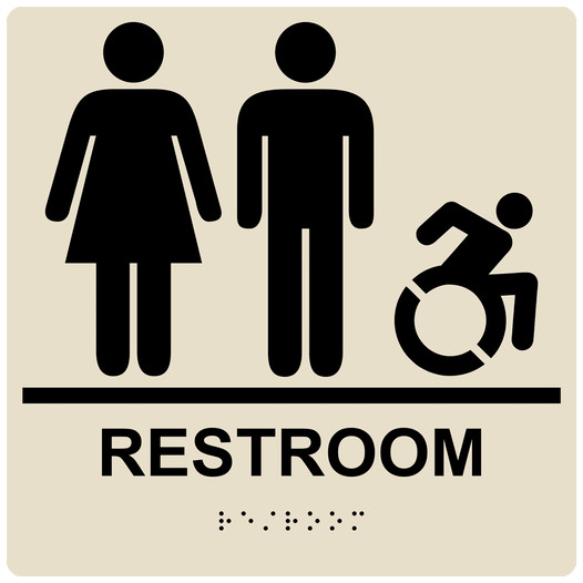 Square Almond Braille RESTROOM Sign with Dynamic Accessibility Symbol RRE-120R-99_Black_on_Almond