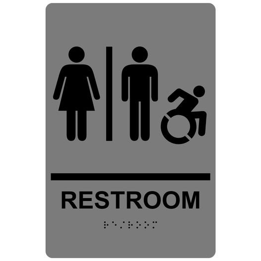 Gray Braille RESTROOM Sign with Dynamic Accessibility Symbol RRE-120R_Black_on_Gray