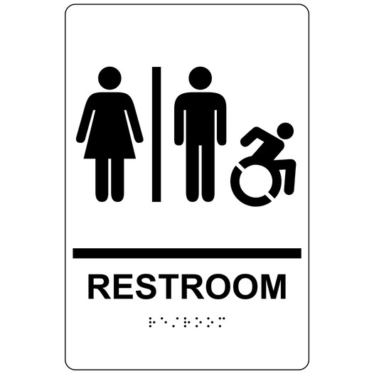 White Braille RESTROOM Sign with Dynamic Accessibility Symbol RRE-120R_Black_on_White